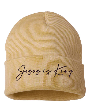 JESUS IS KING CAMEL EMBROIDERED KNIT BEANIE