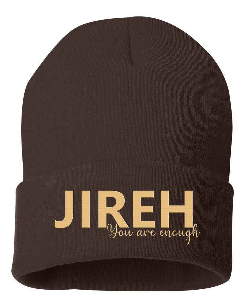 JIREH YOU ARE ENOUGH BROWN EMBROIDERED KNIT BEANIE