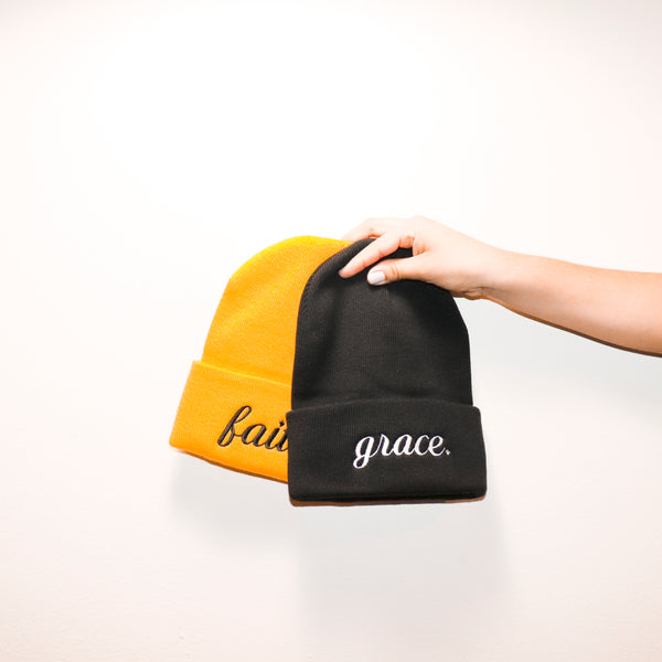 GRACE BLACK EMBROIDERED KNIT BEANIE